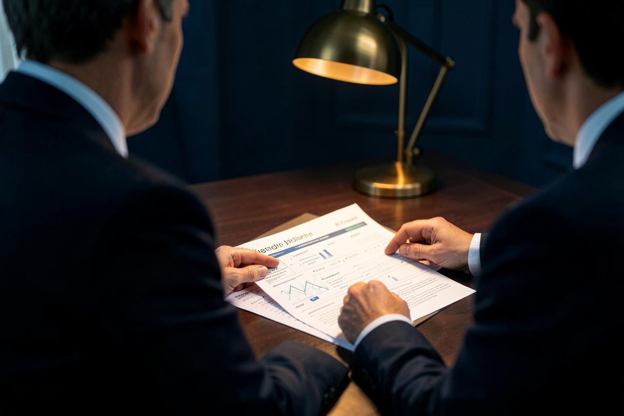 An adviser and a client reviewing a printed savings pipeline report under a desk lamp.