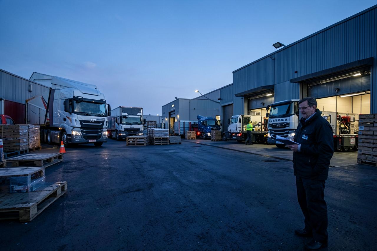 Articulated lorries at the loading bays of a UK distribution depot at dawn.