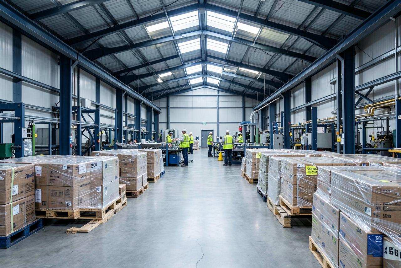 Interior of a UK light manufacturing plant with a production line and pallets of packaging stock.