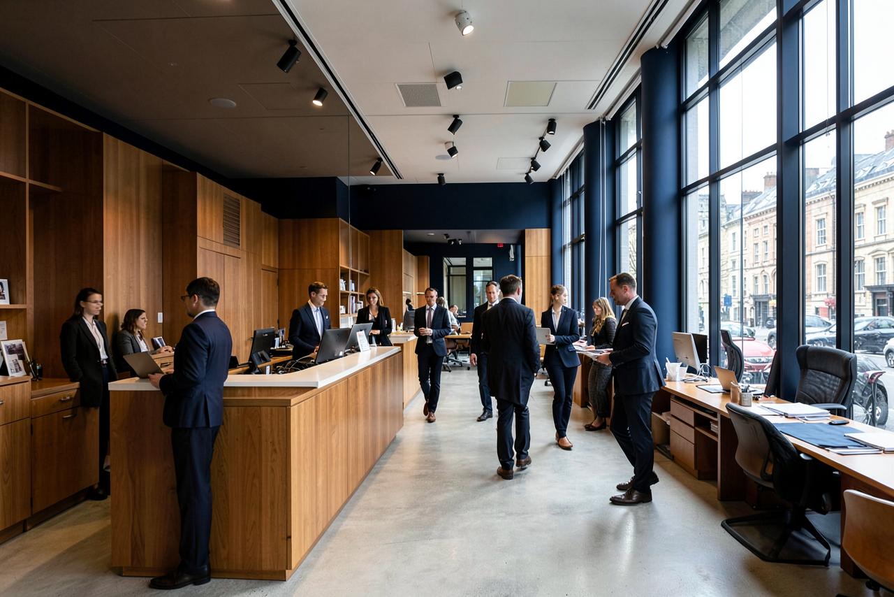 Reception and open plan floor of a London professional services firm with staff at work.