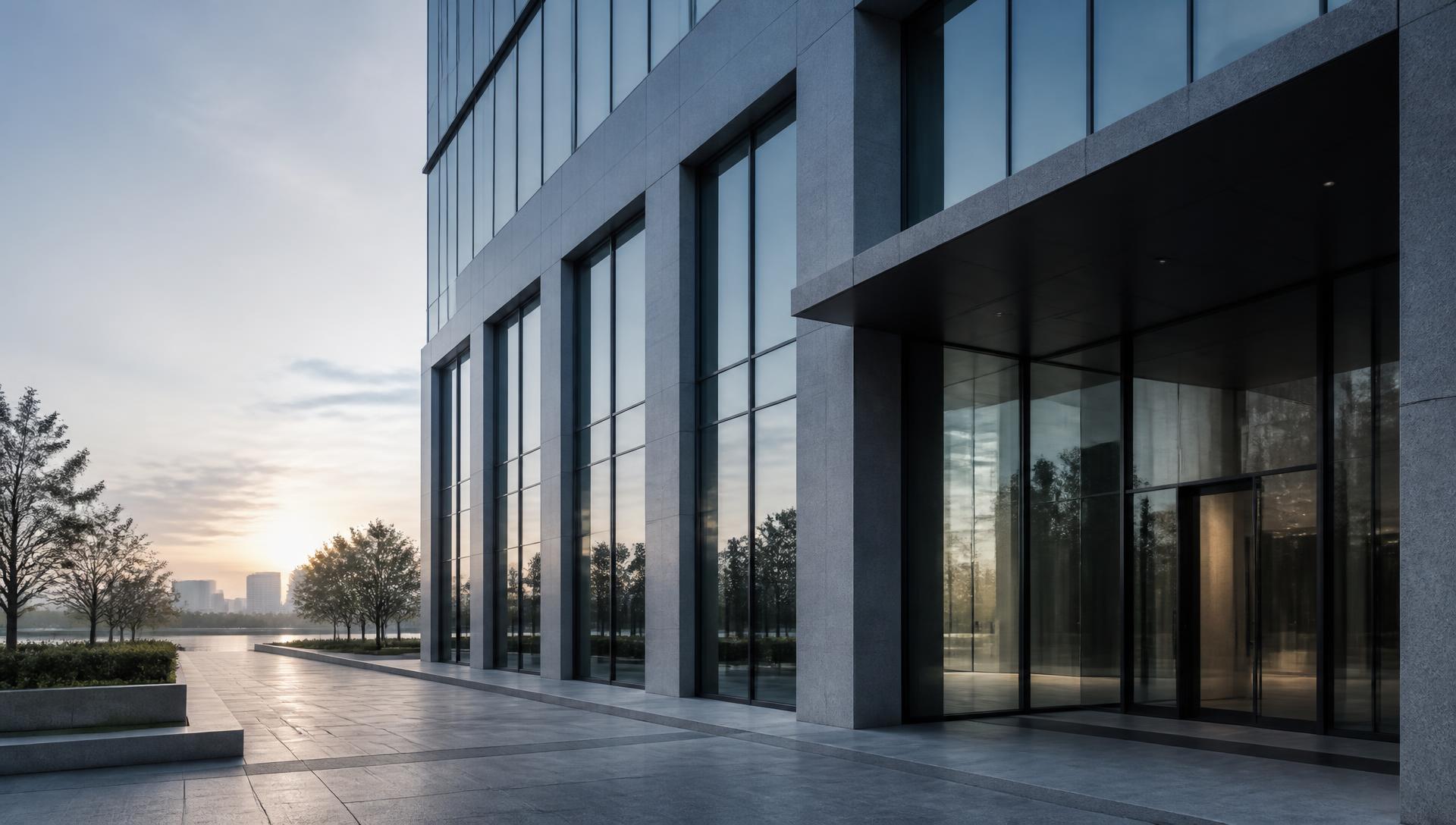 Modern office building exterior in early morning light, seen from street level.