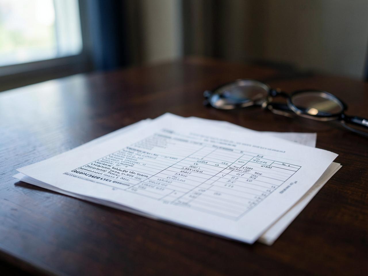 Printed supplier contract and cost analysis on a boardroom table with reading glasses.