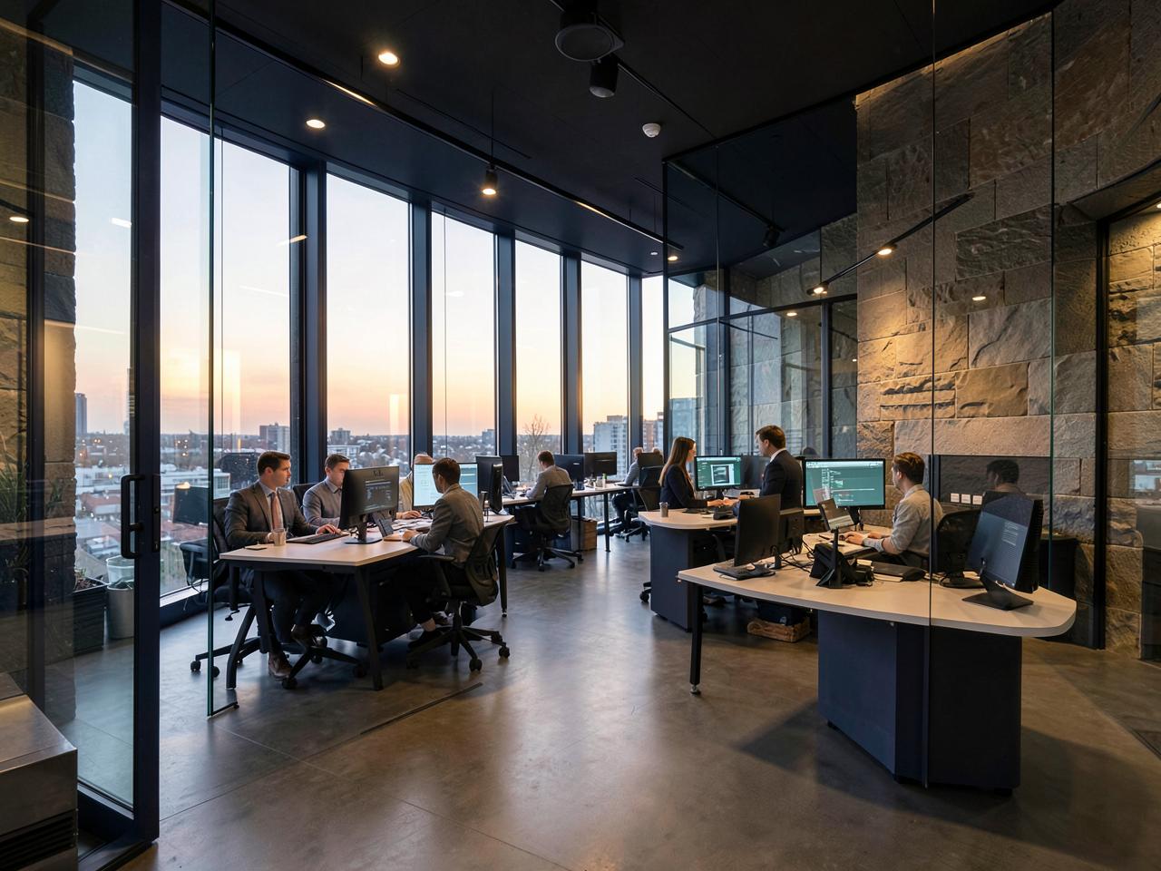 Managed service team working at desks on an open plan operations floor at dusk.