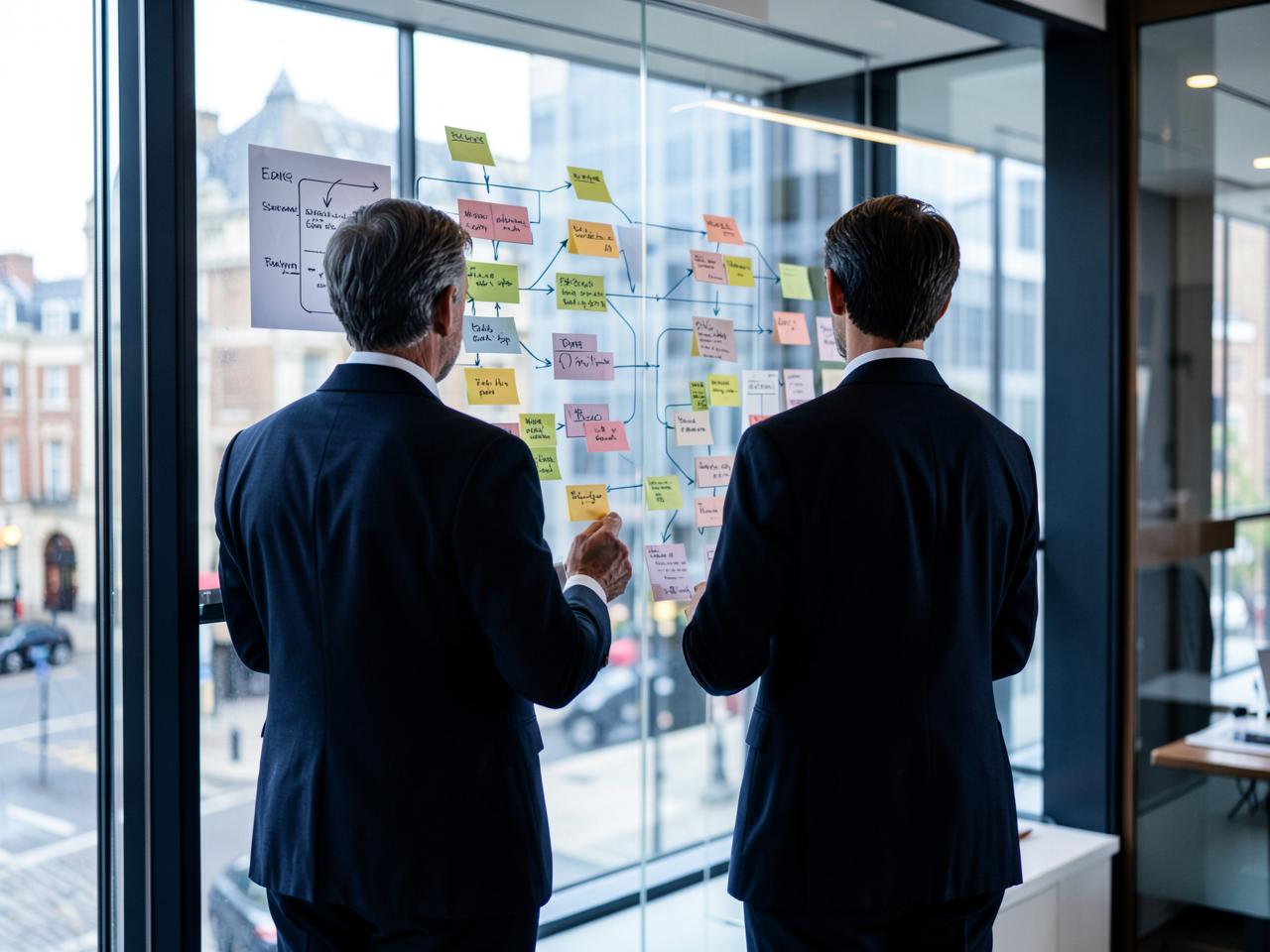 Two advisers mapping a business process on sticky notes across a glass office wall.